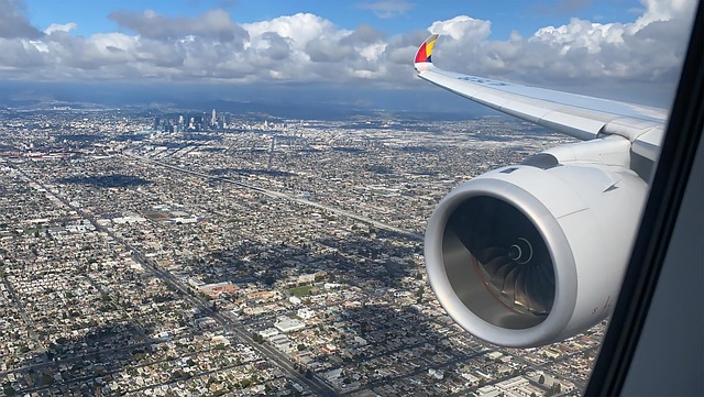Aerial view of Los Angeles International Airport (LAX) with multiple runways and terminals