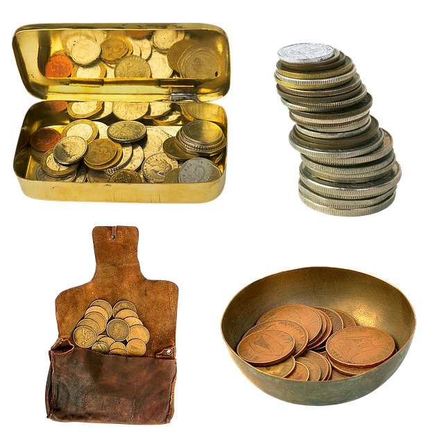 A piggy bank with coins next to a small stack of dollar bills
