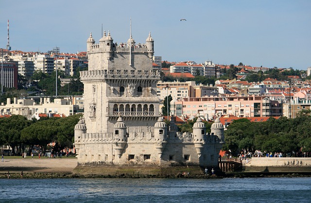The Belém Tower in Lisbon, Portugal, a historical monument by the Tagus River estuary facing the Atlantic Ocean.